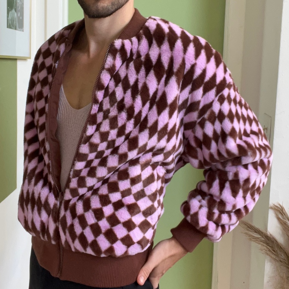 Men’s Fluffy Checkered Jacket in Pink & Brown